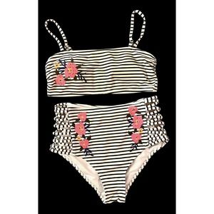 NWOT Hollister 2 Pc. Swimsuit Striped Embroidered Top Ltly Padded Highrise Sz S